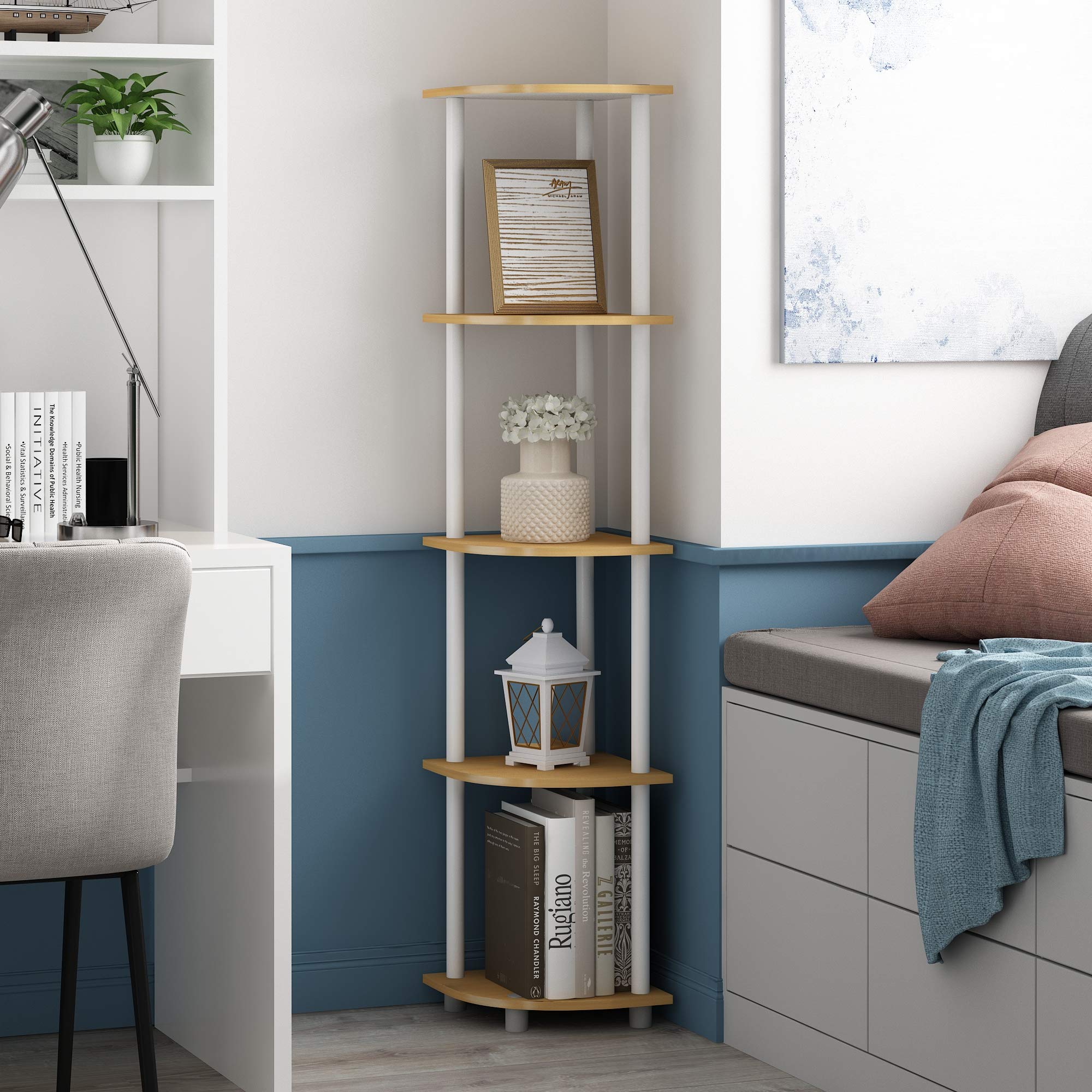 Furinno corner shelf styled in bedroom offering compact bedside storage