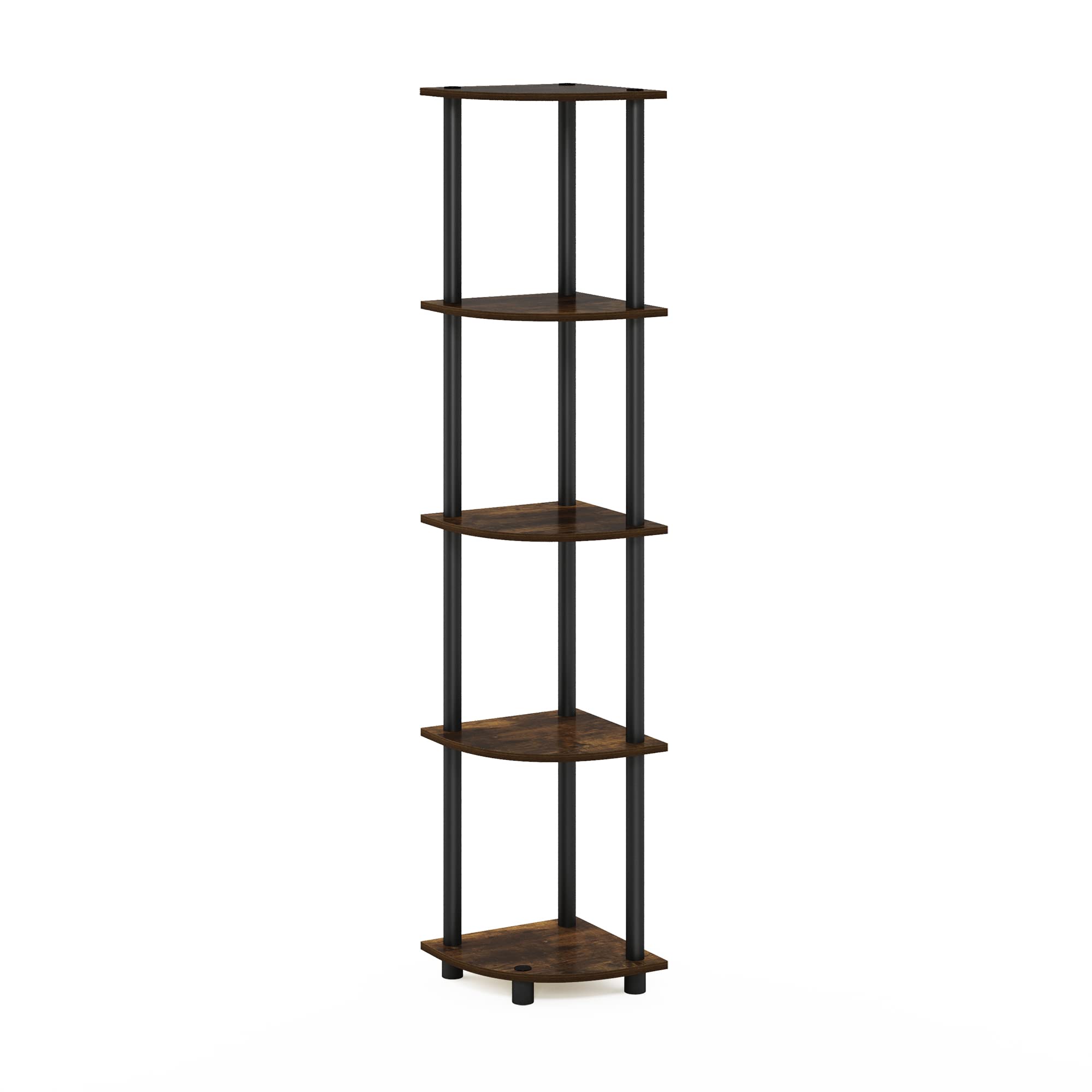 Furinno front view of amber pine corner shelf showing space-saving benefit
