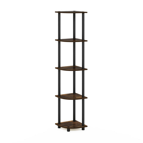 Furinno front view of amber pine corner shelf showing space-saving benefit