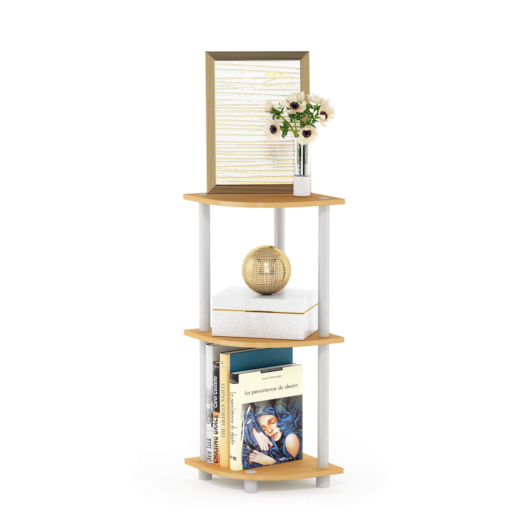 Furinno front view of beech corner shelf showing compact three-tier storage benefit