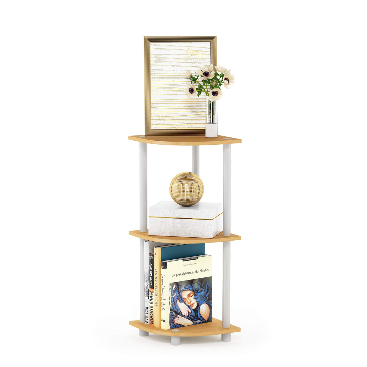 Furinno front view of beech corner shelf showing compact three-tier storage benefit