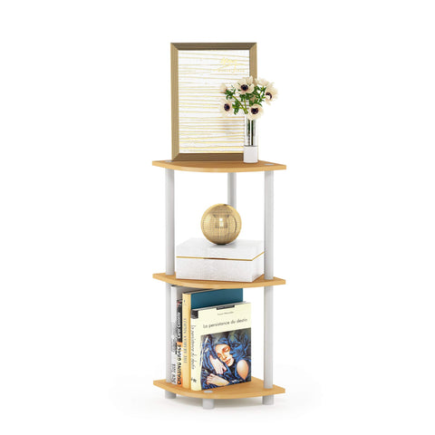 Furinno front view of beech corner shelf showing compact three-tier storage benefit