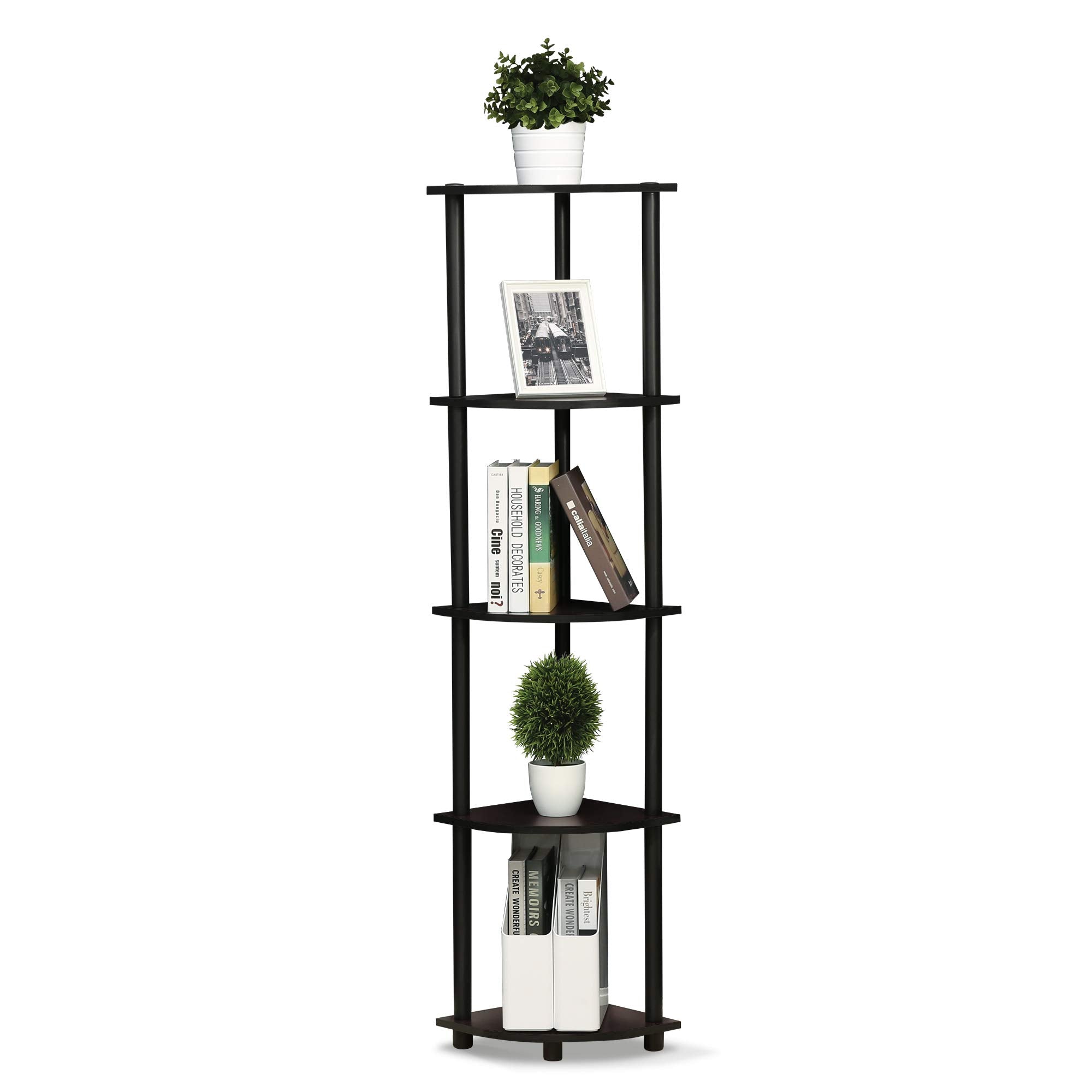 Furinno corner shelf front view showing compact dark walnut benefits storage