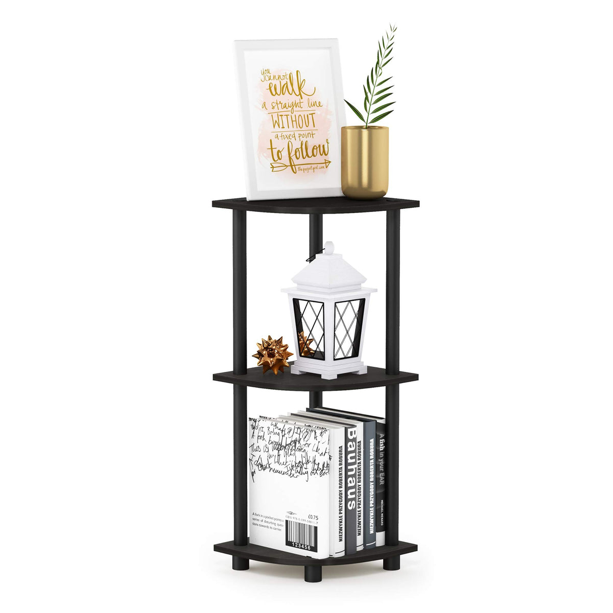 Furinno front view of espresso corner shelf showing compact benefits