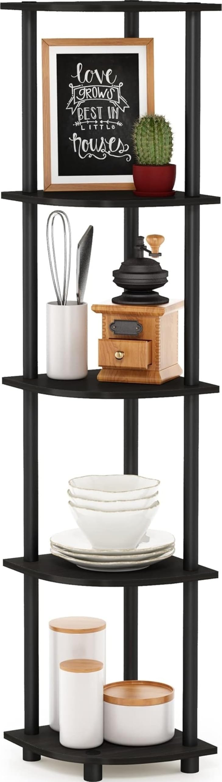 Furinno front view showing space-saving corner storage and neat display
