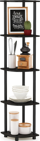 Furinno front view showing space-saving corner storage and neat display