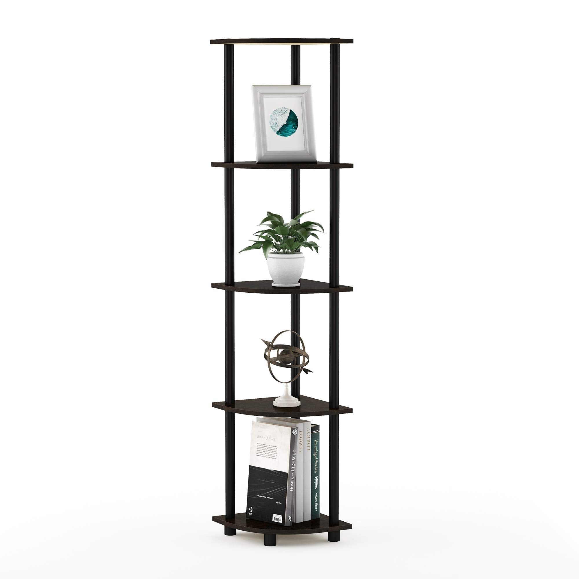 Furinno front view of 5-tier corner shelf showing compact footprint and neat storage benefit