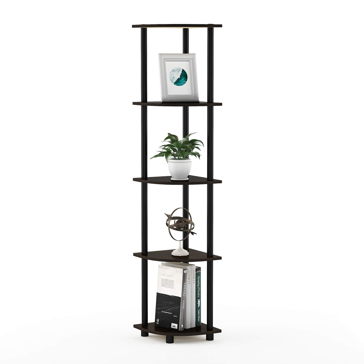 Furinno front view of 5-tier corner shelf showing compact footprint and neat storage benefit