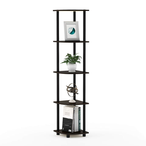 Furinno front view of 5-tier corner shelf showing compact footprint and neat storage benefit
