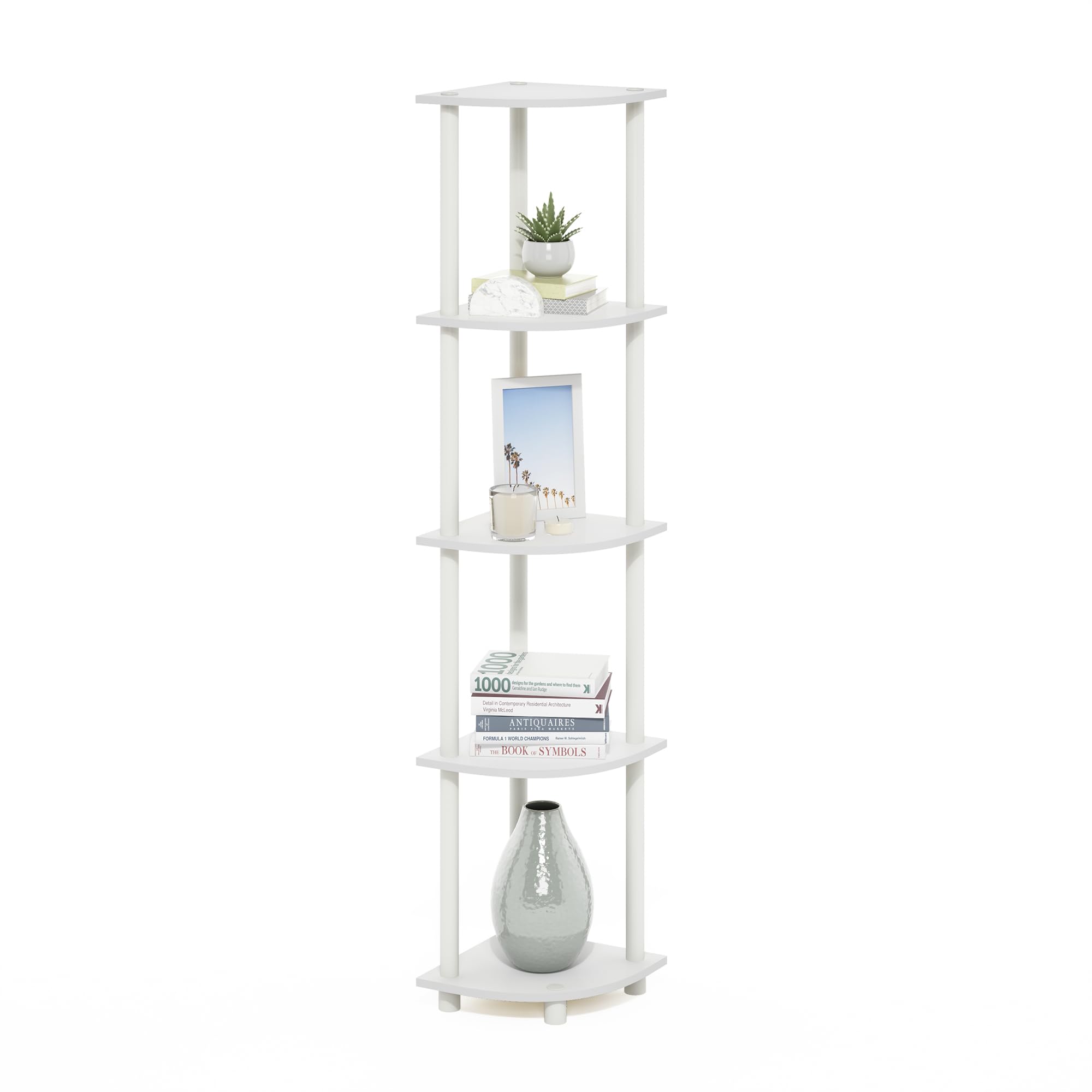 Furinno corner shelf front view showing compact vertical storage and neat organization