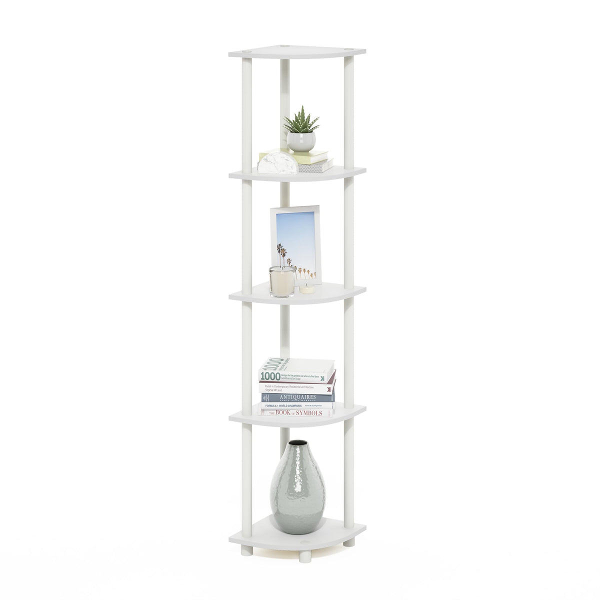 Furinno corner shelf front view showing compact vertical storage and neat organization