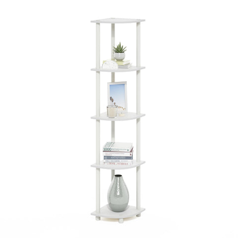 Furinno corner shelf front view showing compact vertical storage and neat organization