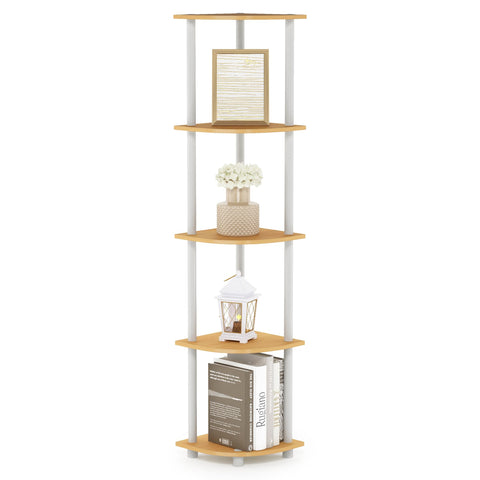Furinno corner shelf front view showing space-saving vertical storage