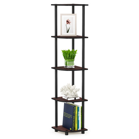 Furinno front view of corner shelf showing space-saving design and neat storage