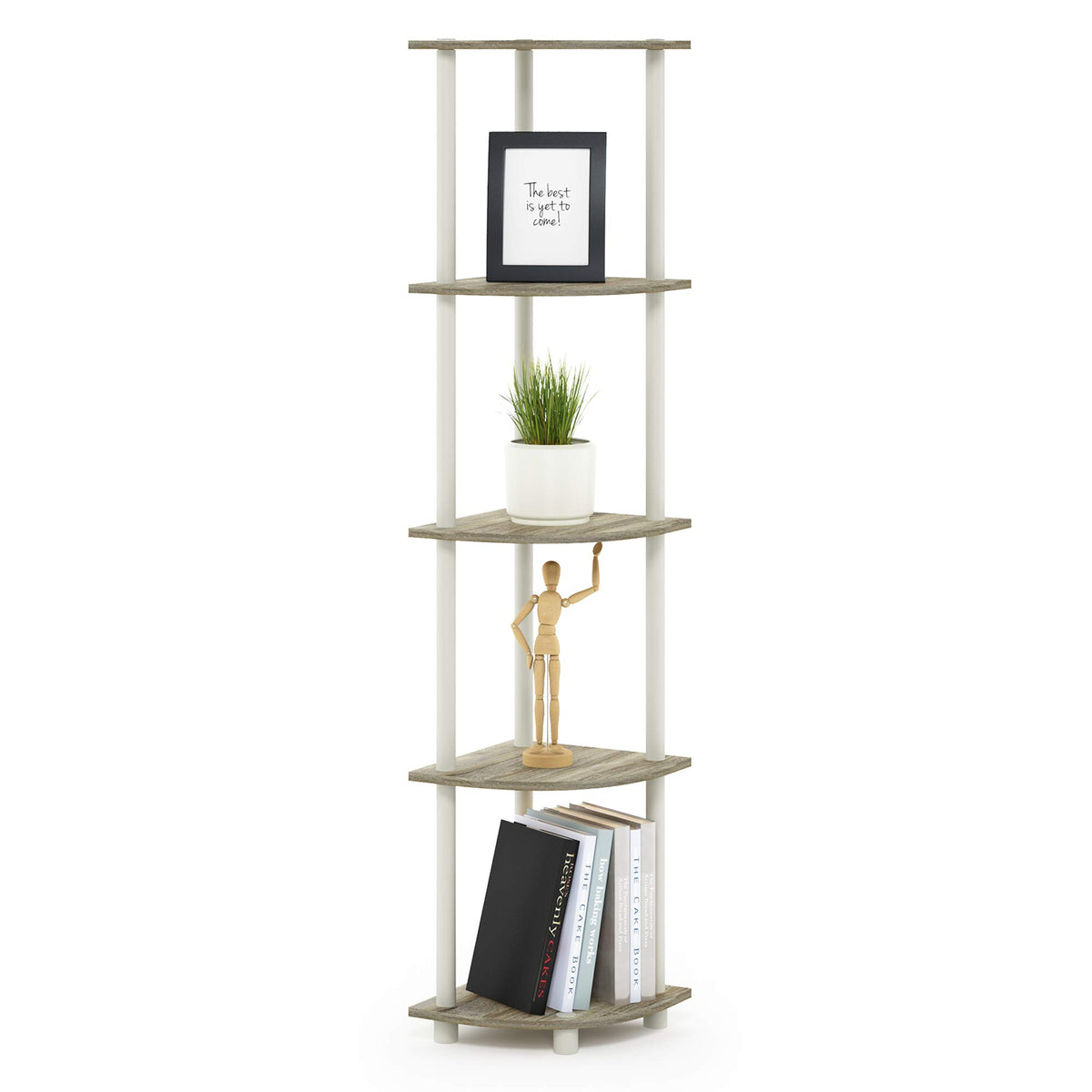 Furinno full front corner shelf showing compact vertical storage benefit