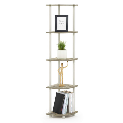 Furinno full front corner shelf showing compact vertical storage benefit