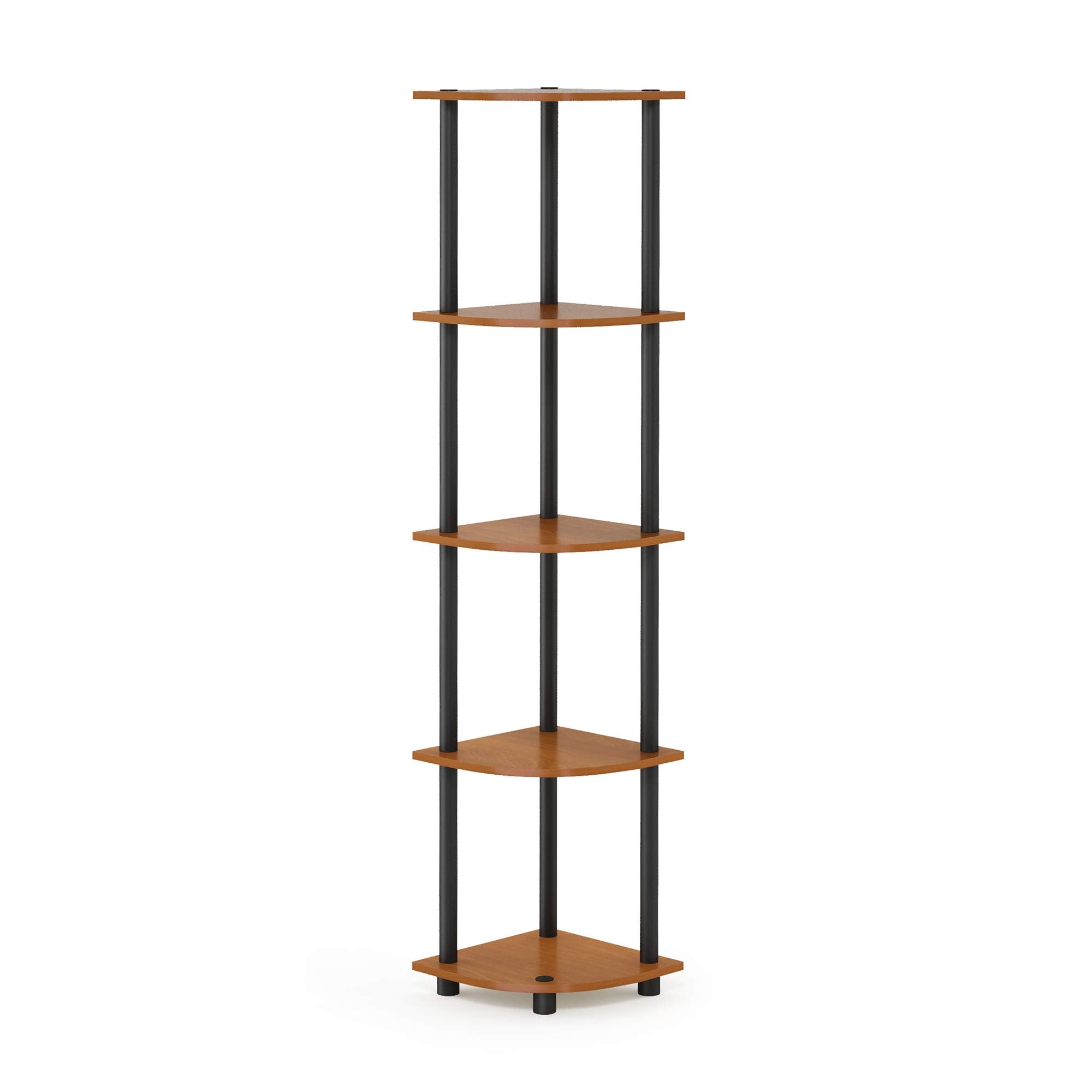 Furinno full view of 5-tier corner shelf showing compact storage benefit