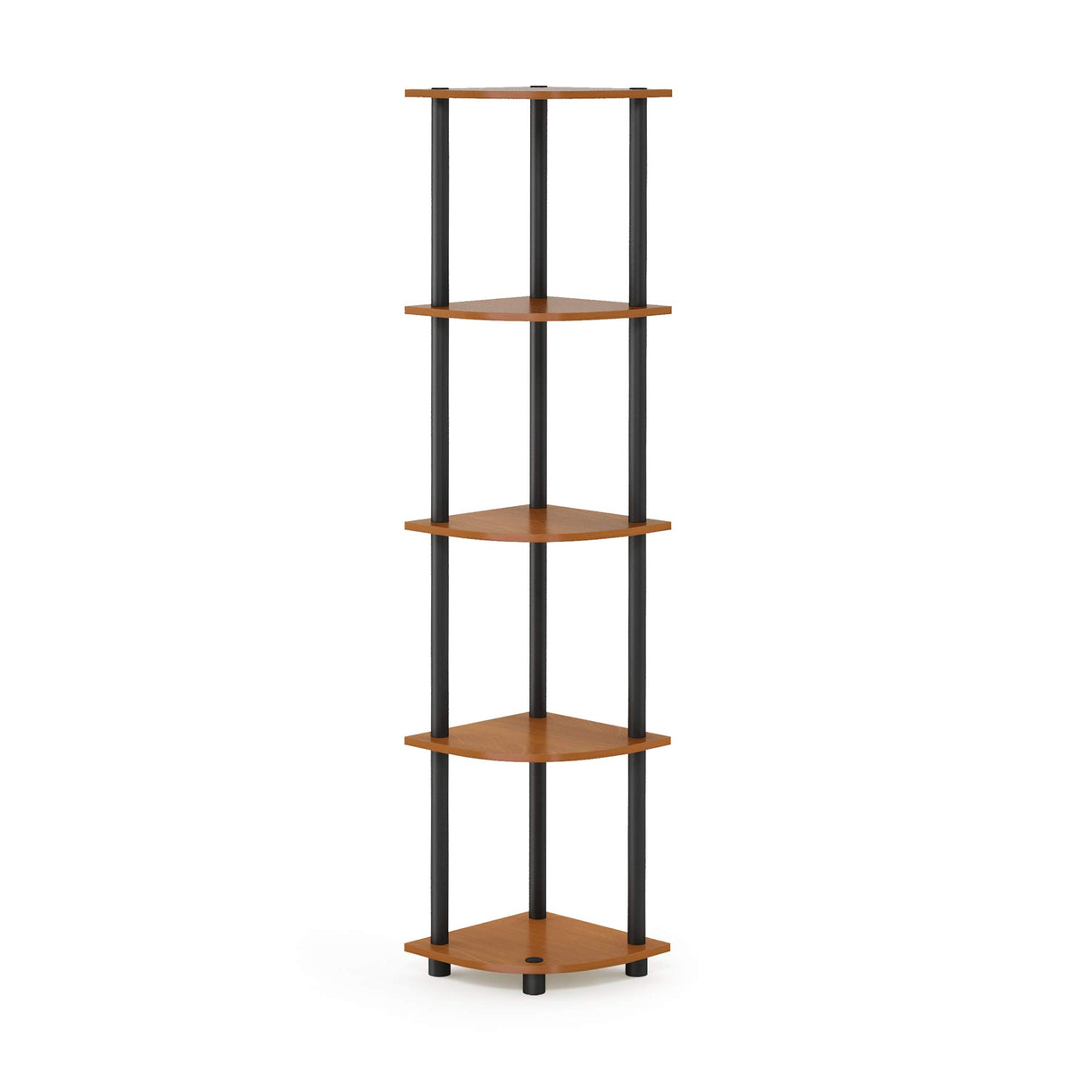 Furinno full view of 5-tier corner shelf showing compact storage benefit