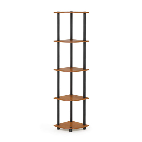 Furinno full view of 5-tier corner shelf showing compact storage benefit