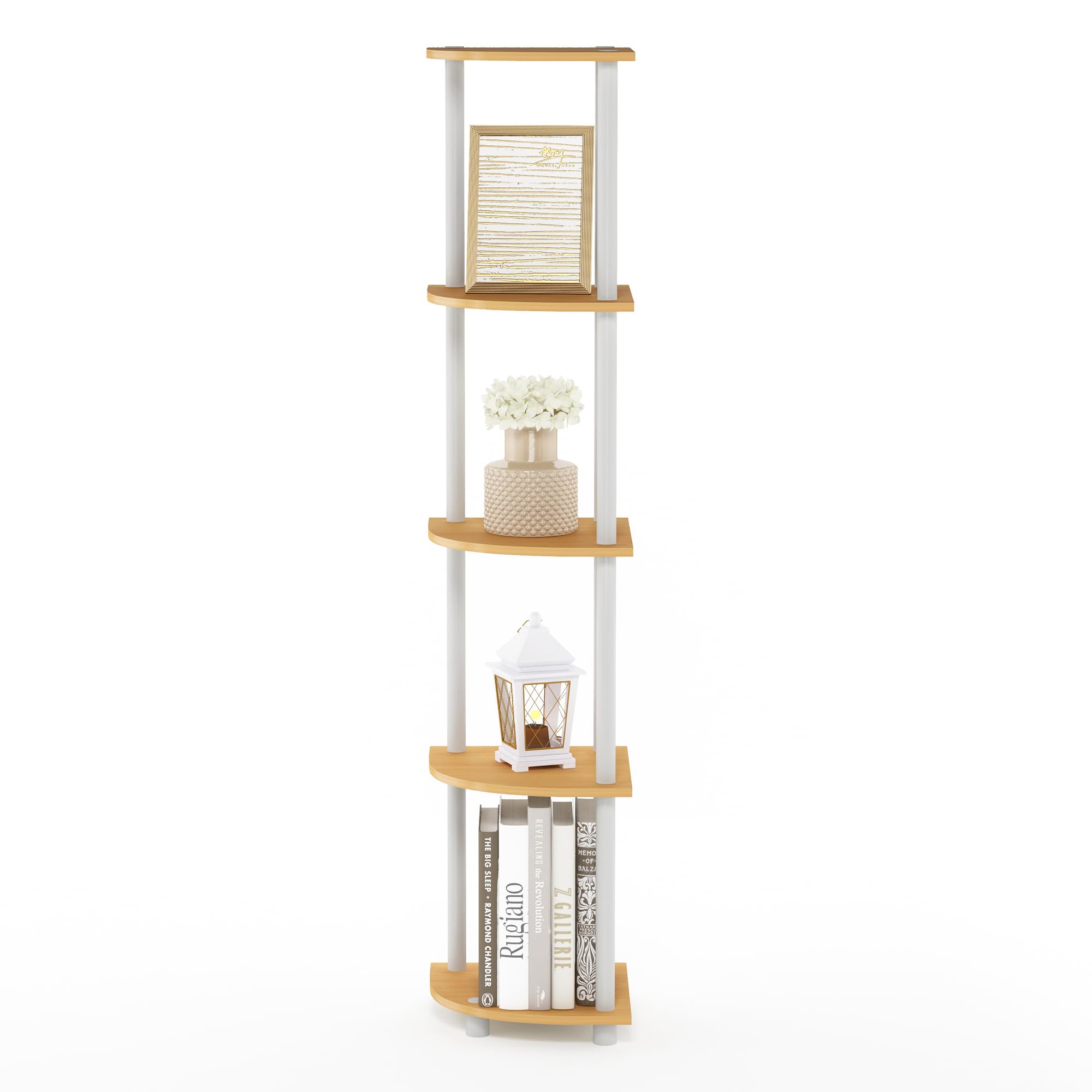 Furinno corner shelf with books showing each-shelf weight capacity