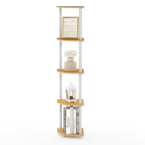 Furinno corner shelf with books showing each-shelf weight capacity