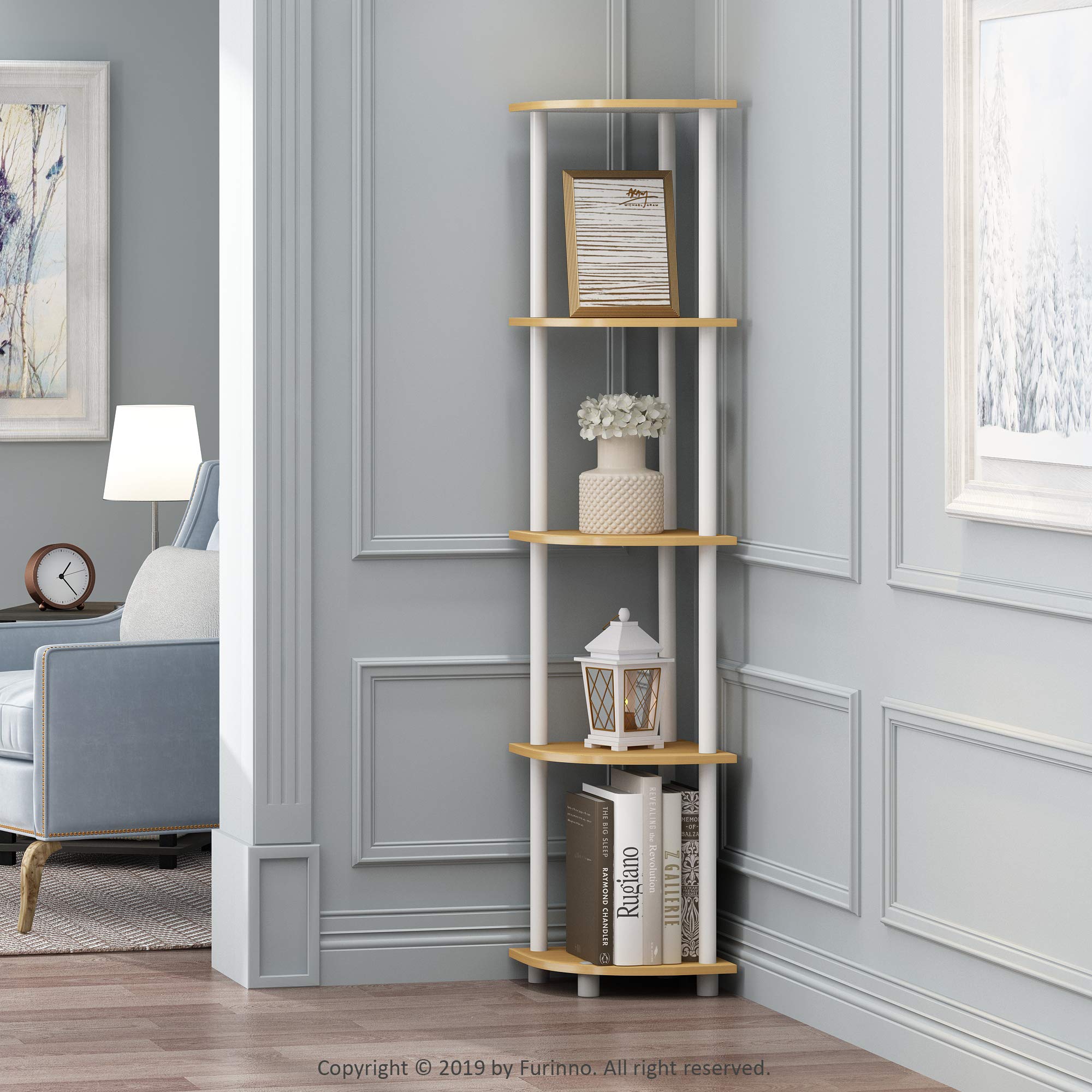 Furinno corner shelf side profile demonstrating slim corner fit benefit