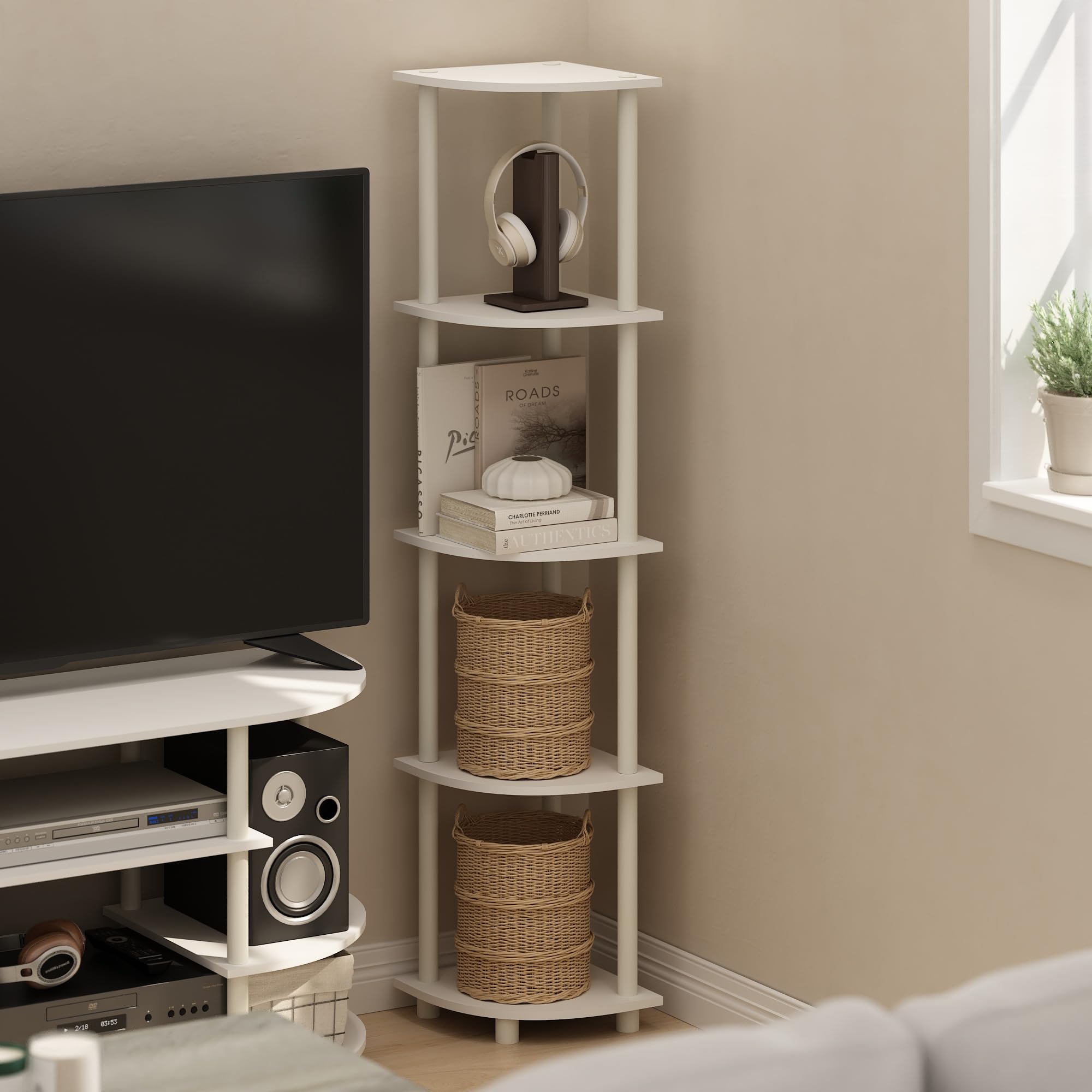 Furinno corner shelf side profile demonstrating space-saving triangular footprint