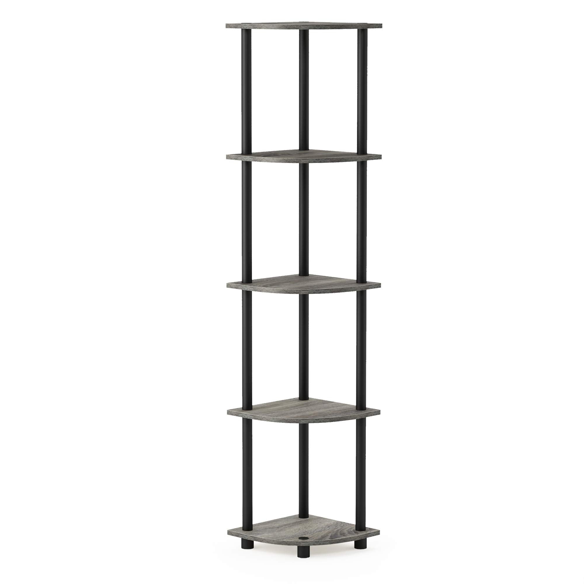 Furinno front view corner shelf showing compact footprint and storage benefit