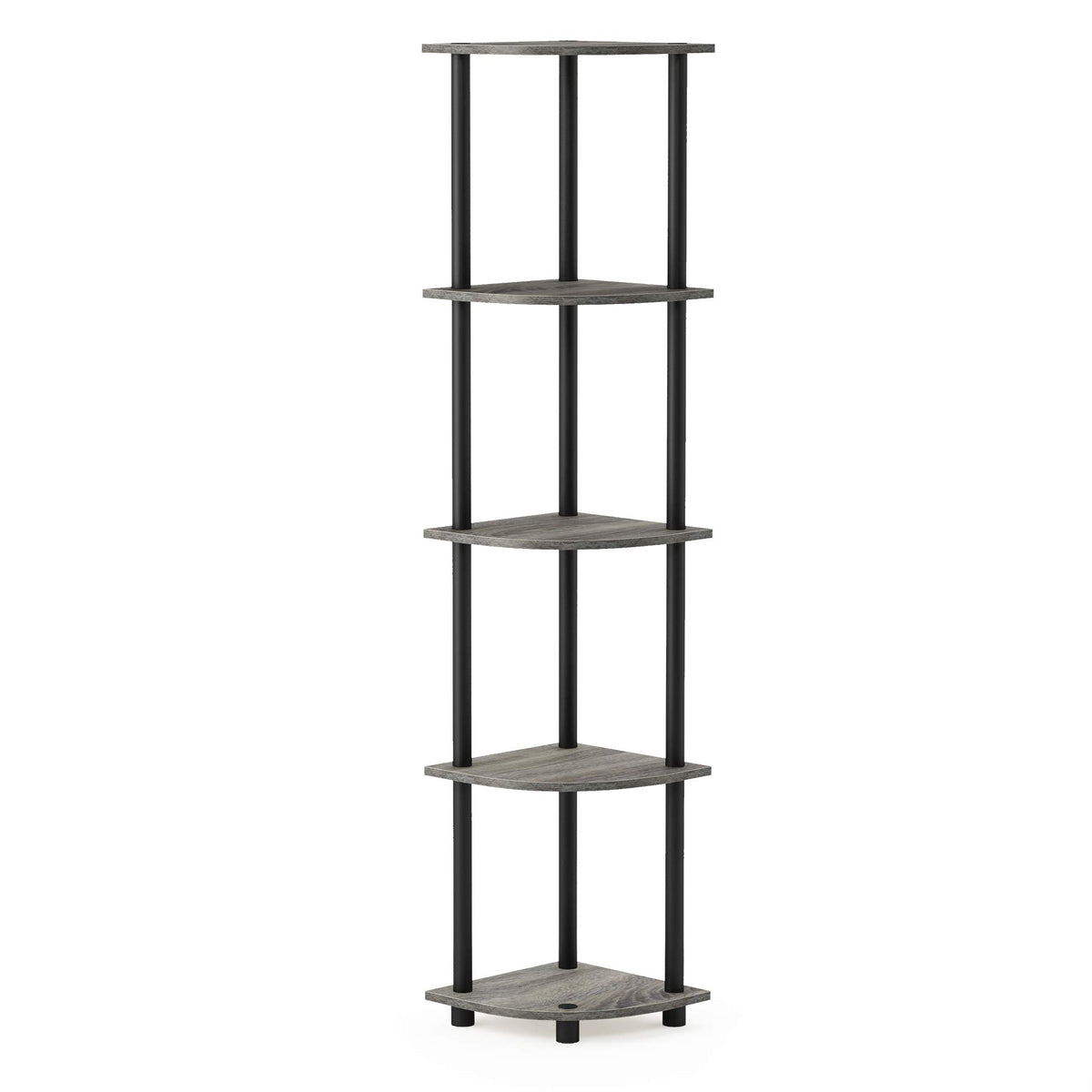 Furinno front view corner shelf showing compact footprint and storage benefit