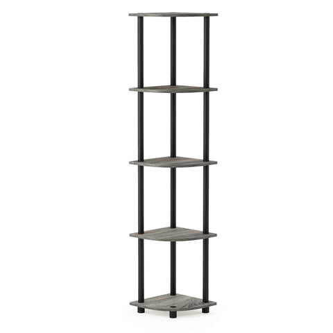 Furinno front view corner shelf showing compact footprint and storage benefit