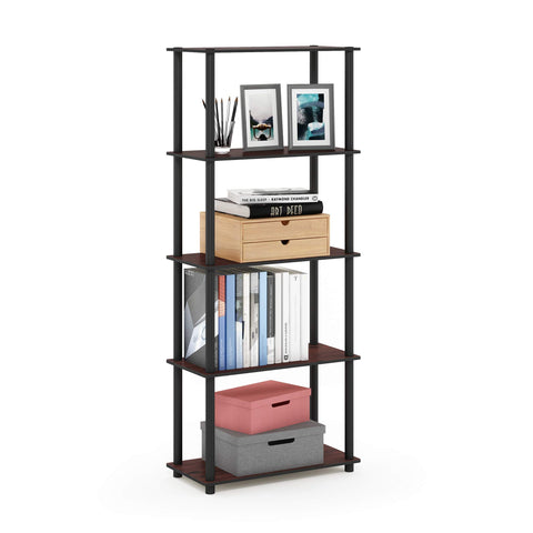 Furinno front view of five-tier shelf showing dark cherry finish and open storage benefit