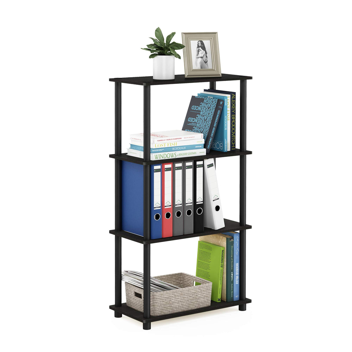 Furinno front view of espresso shelf showing compact organization benefit