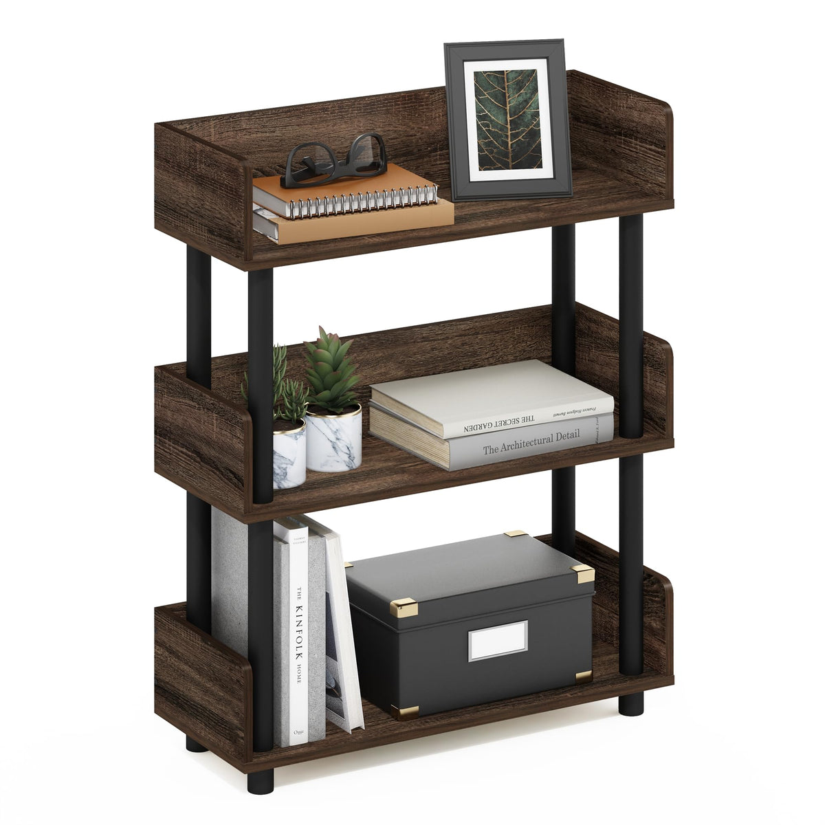 Furinno front view of walnut display shelf showing compact organization benefit