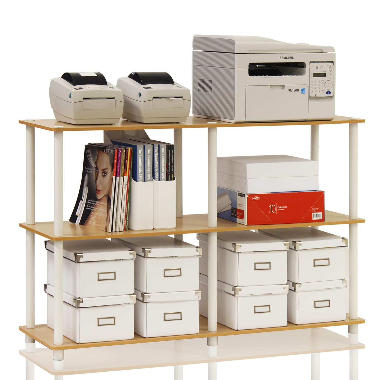 Furinno front view of 3-tier wide shelf showing organized storage benefit