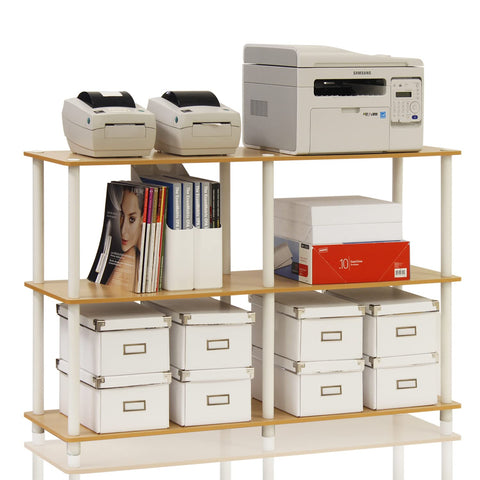 Furinno front view of 3-tier wide shelf showing organized storage benefit