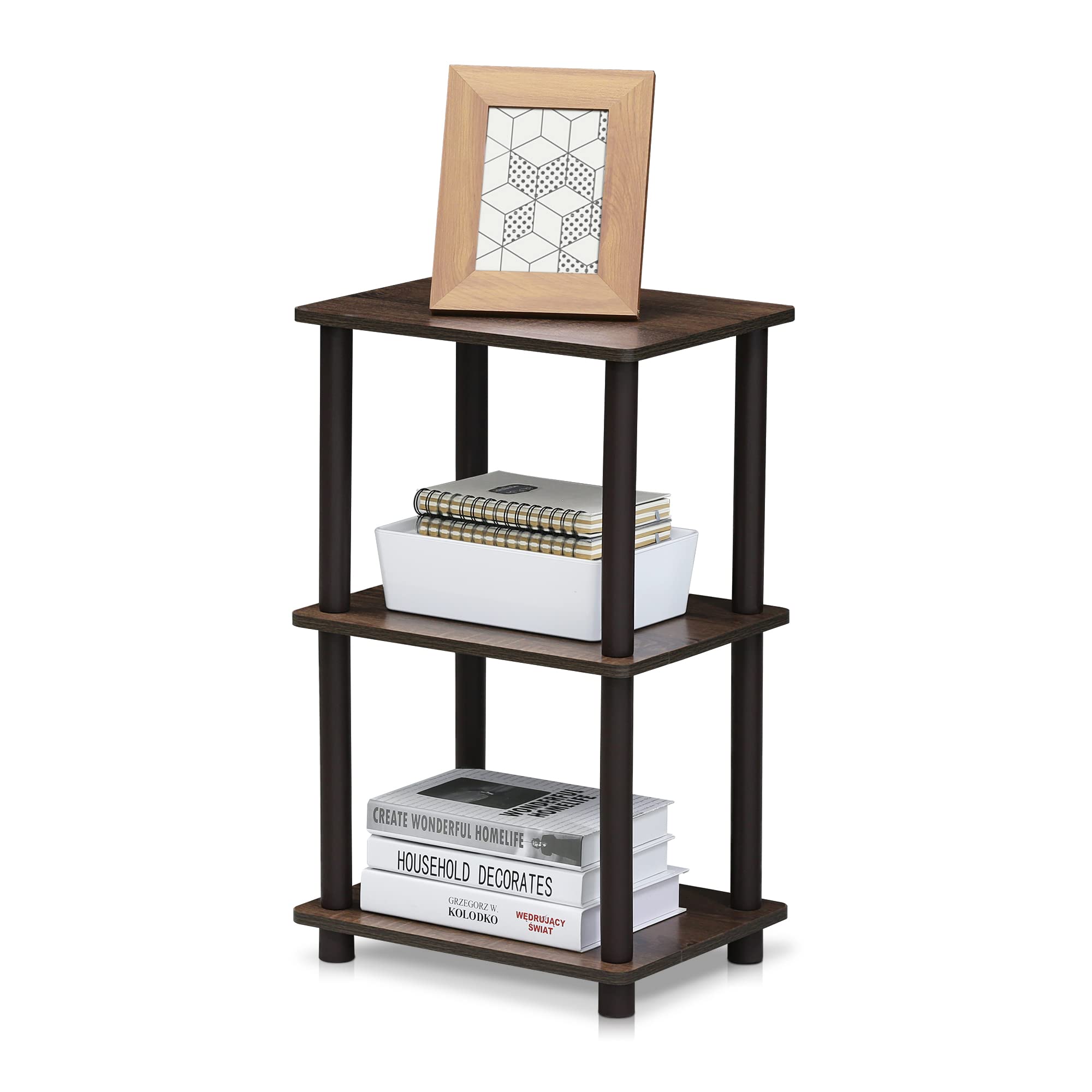 Furinno front view walnut shelf showing compact footprint and organized storage