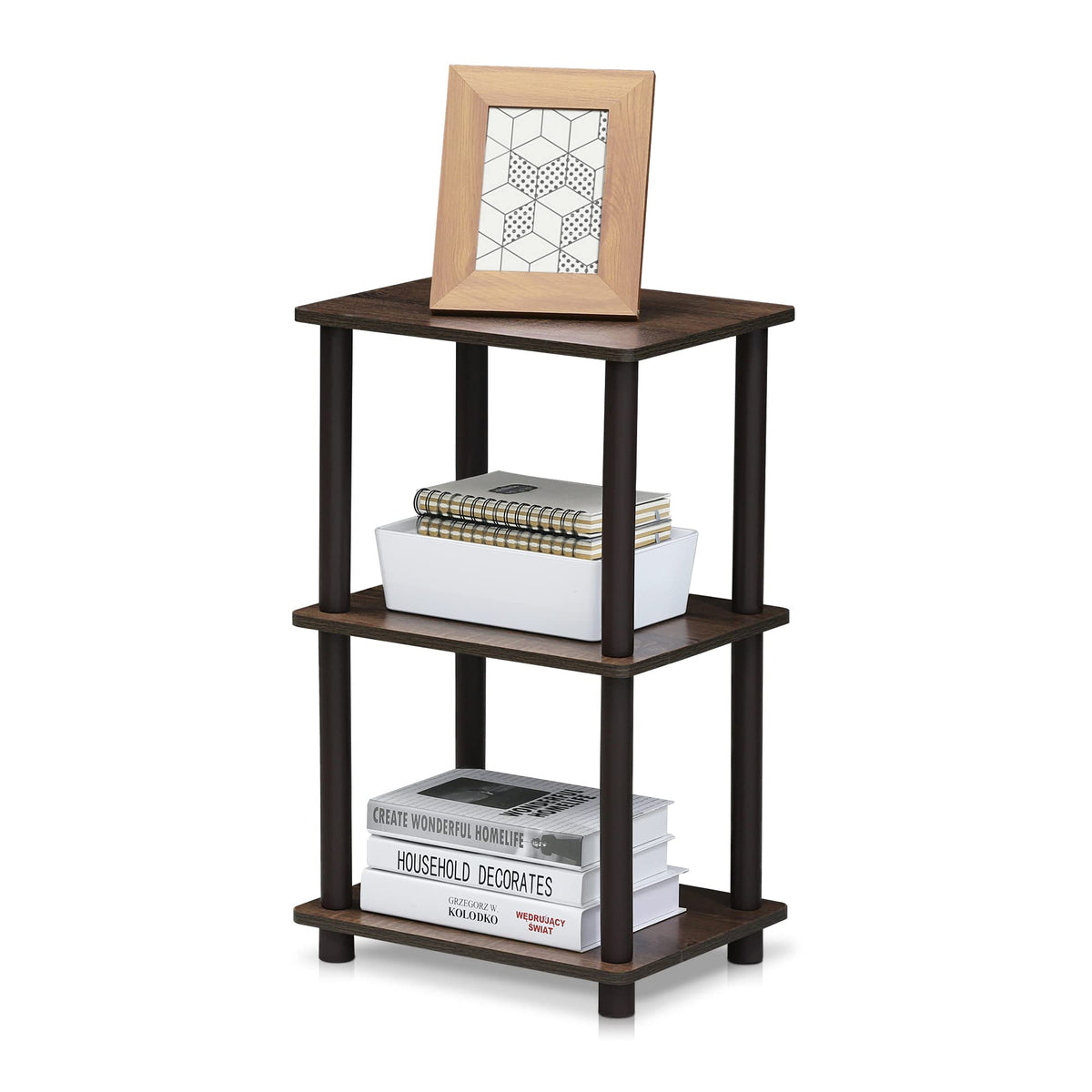 Furinno front view walnut shelf showing compact footprint and organized storage