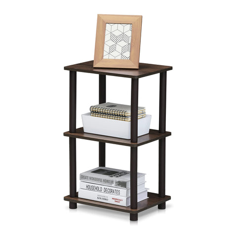 Furinno front view walnut shelf showing compact footprint and organized storage