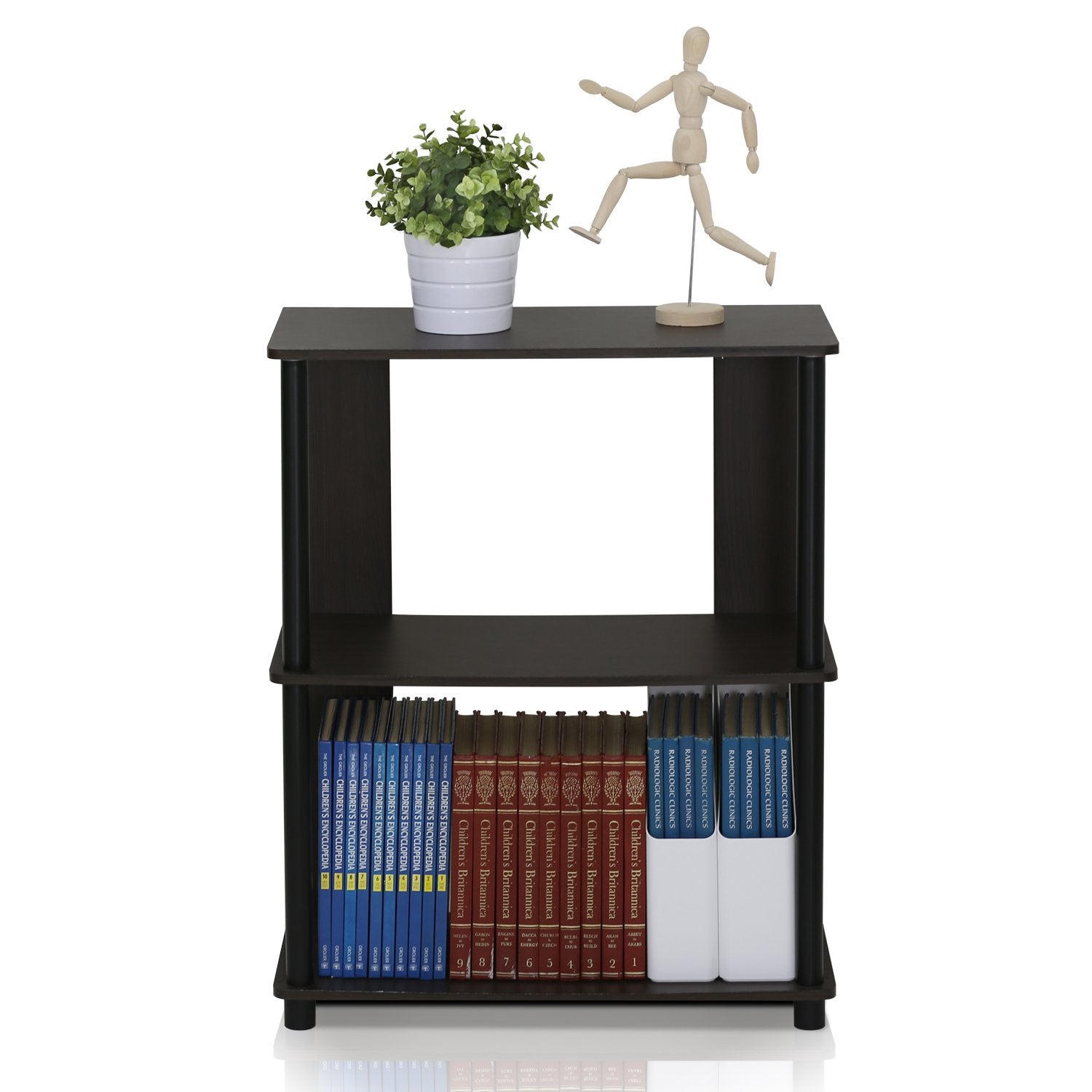 Furinno JAYA assembly image showing twist-on plastic poles for toolless setup