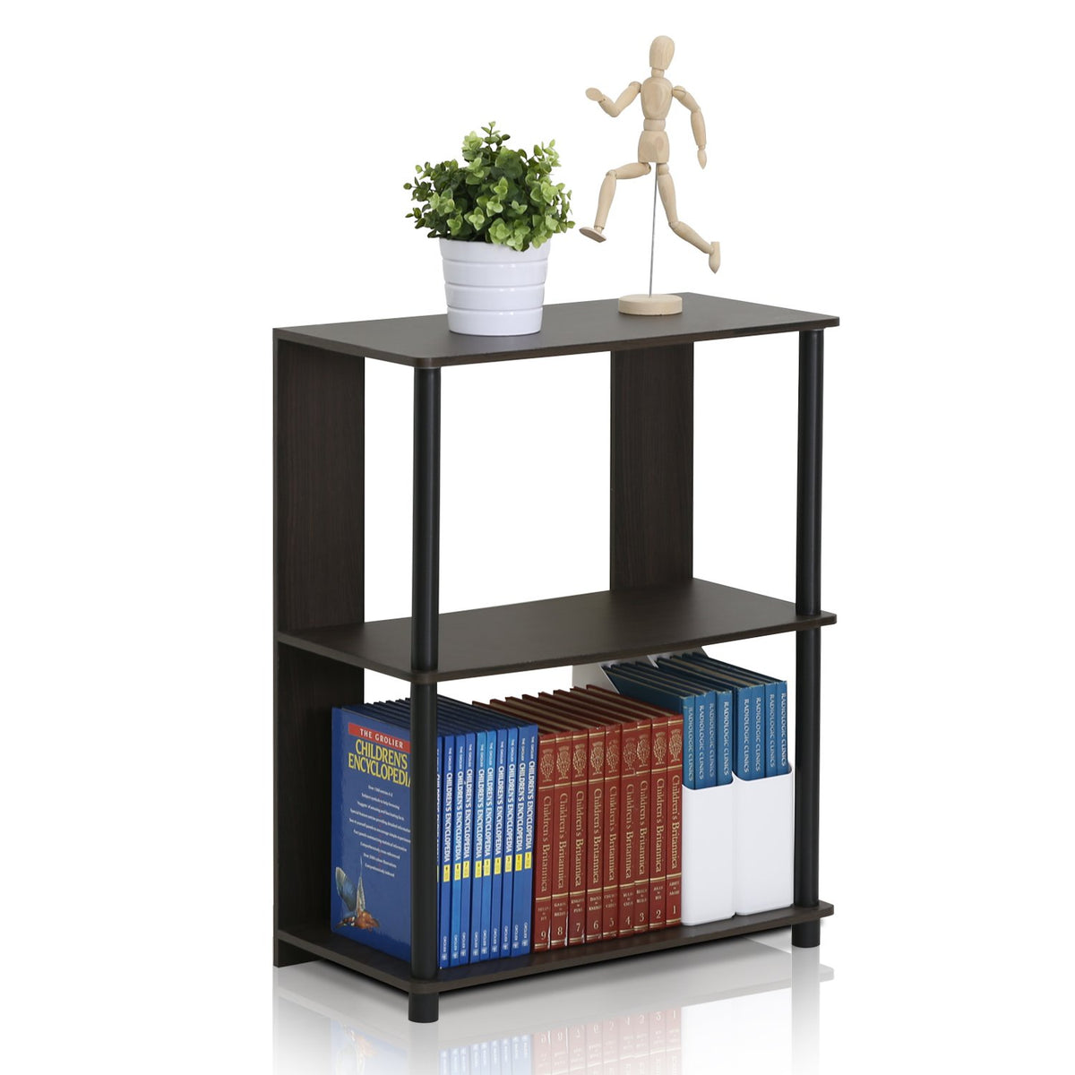 Furinno JAYA front view walnut showing compact three-tier storage and neat appearance
