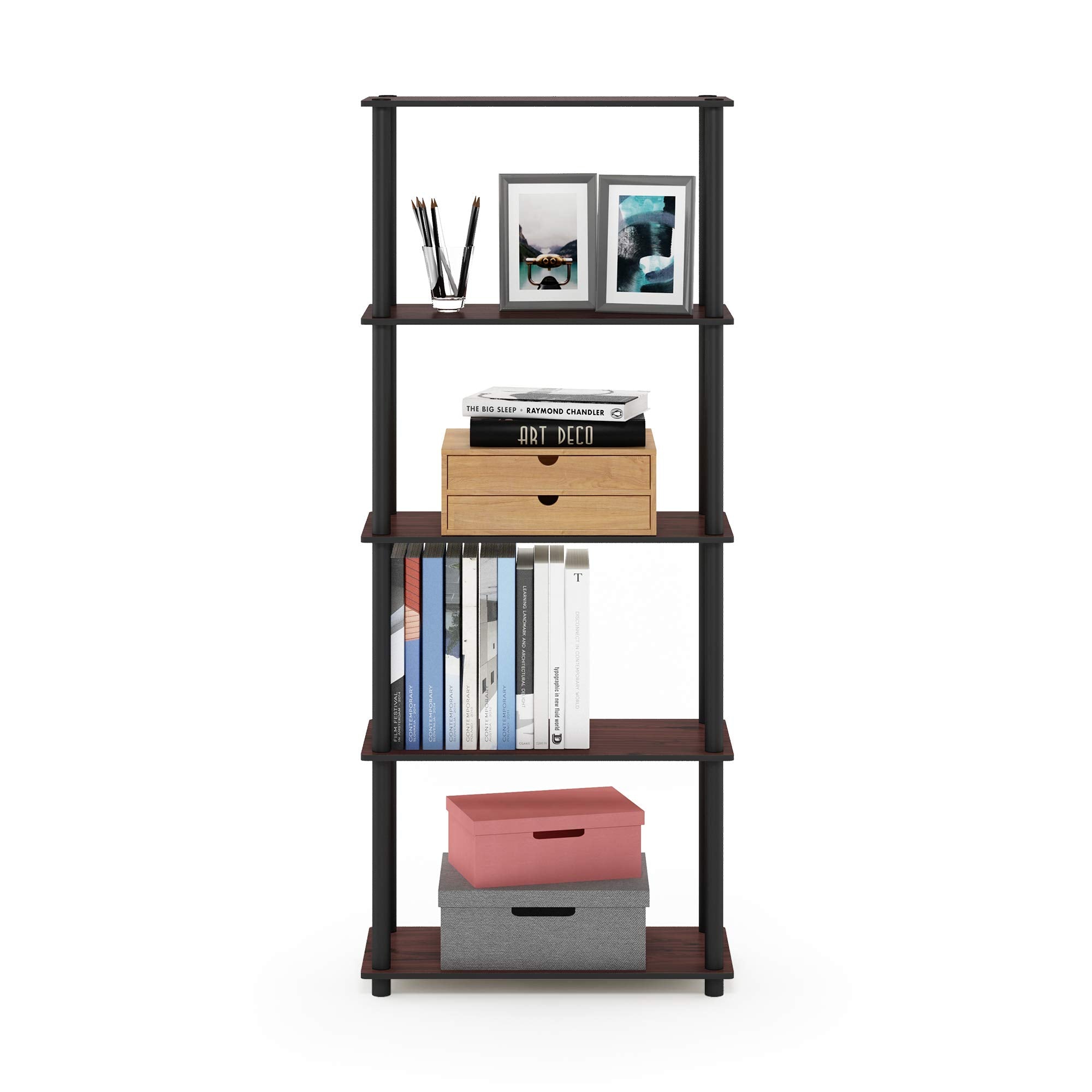 Furinno shelf next to chair for scale showing compact space-saving benefit