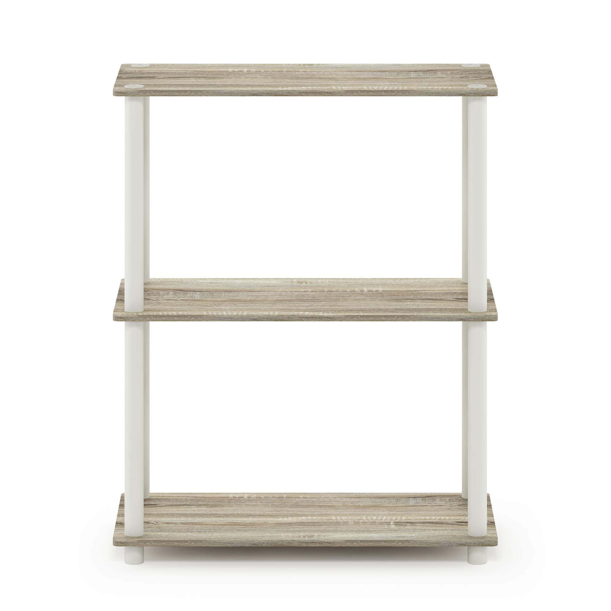 Furinno shelf next to book for scale showing compact footprint and usable storage