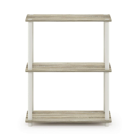 Furinno shelf next to book for scale showing compact footprint and usable storage