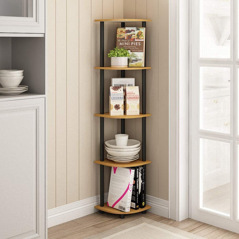 Furinno shelf styled in living room showing space-saving corner benefit