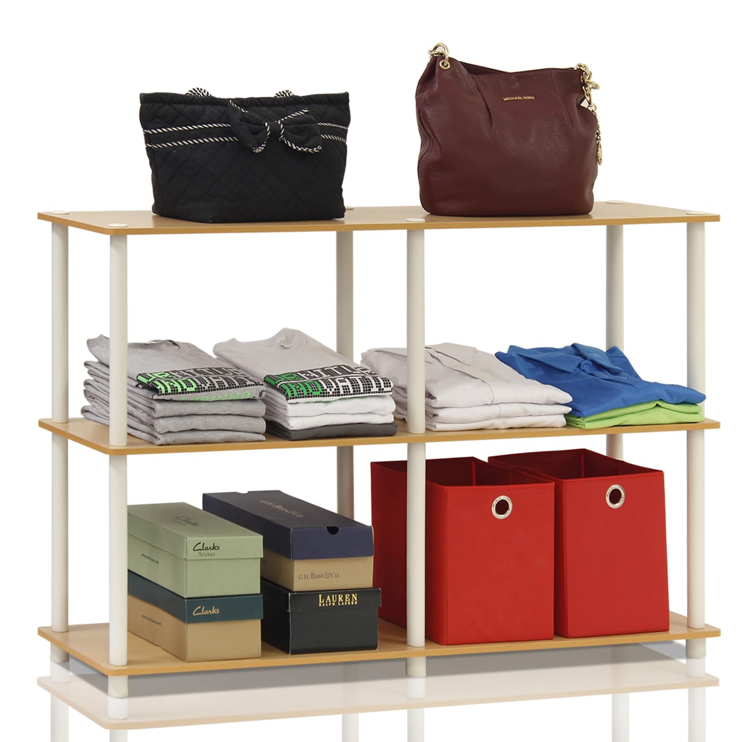 Furinno shelf staged in living room displaying tidy organization benefit