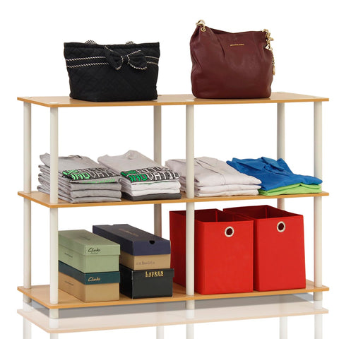 Furinno shelf staged in living room displaying tidy organization benefit