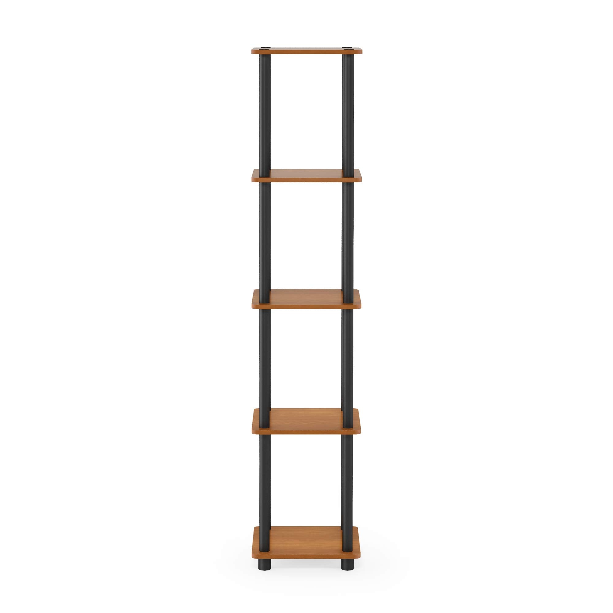Furinno shelf staged in living room maximizing corner storage and style
