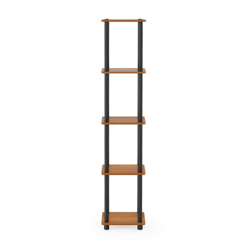 Furinno shelf staged in living room maximizing corner storage and style