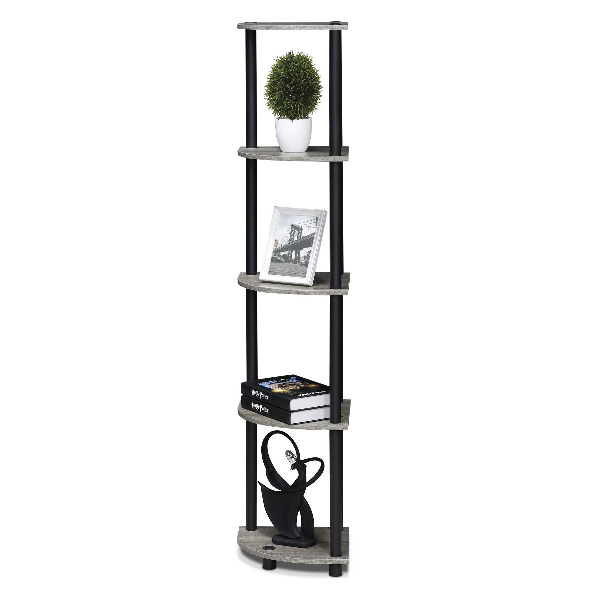 Furinno shelf beside sofa illustrating scale and floor-space saving benefit