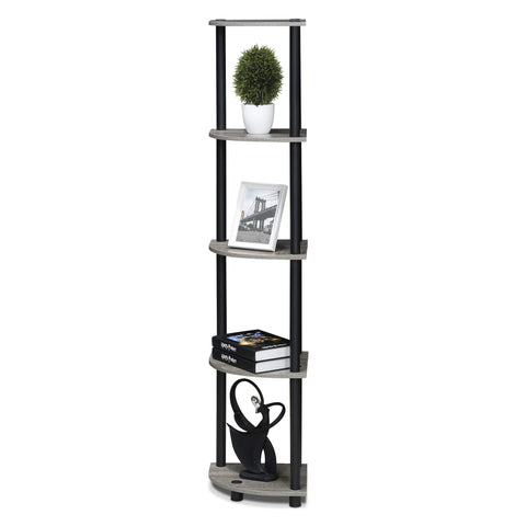 Furinno shelf beside sofa illustrating scale and floor-space saving benefit